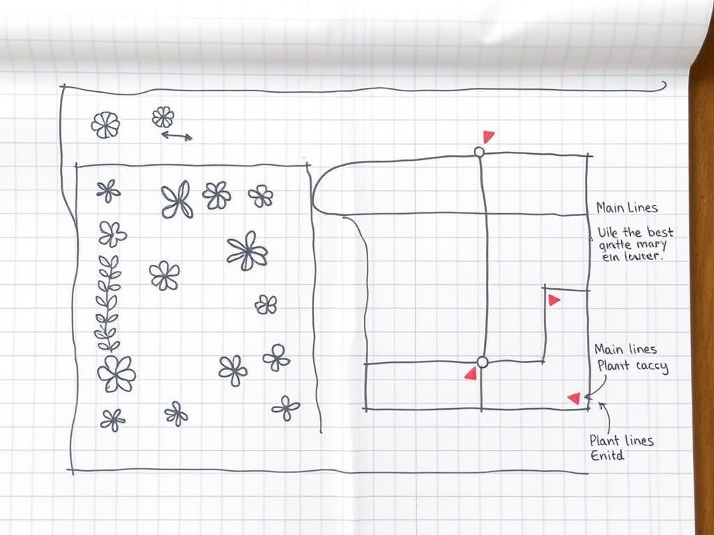 Hand-drawn garden map with drip irrigation system layout Hand-drawn garden map with drip irrigation system layout