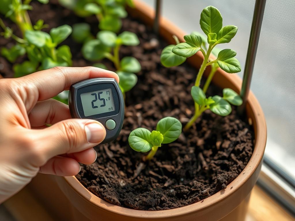 Hand using a moisture meter to check soil moisture levels in a vertical garden container Hand using a moisture meter to check soil moisture levels in a vertical garden container
