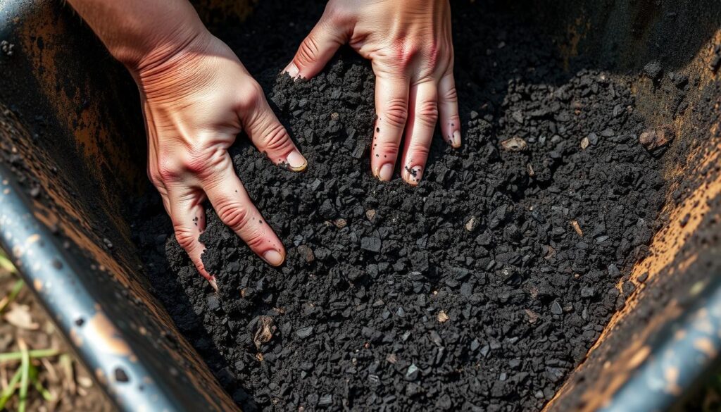 Hands mixing compost and biochar together to create an optimal soil amendment for water retention Hands mixing compost and biochar together to create an optimal soil amendment for water retention