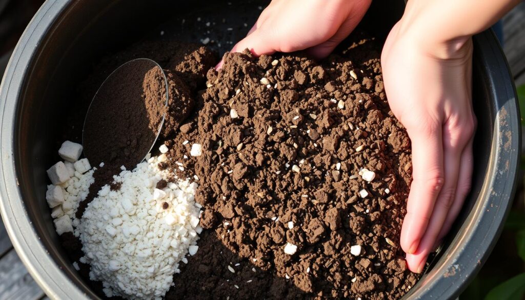 Hands mixing drought-resistant soil for container gardening Hands mixing drought-resistant soil for container gardening