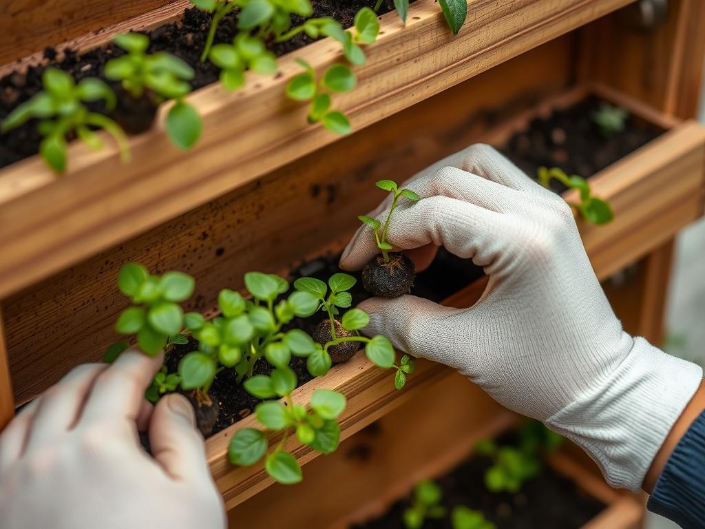Hands planting herb seedlings in a vertical wall planter system Hands planting herb seedlings in a vertical wall planter system