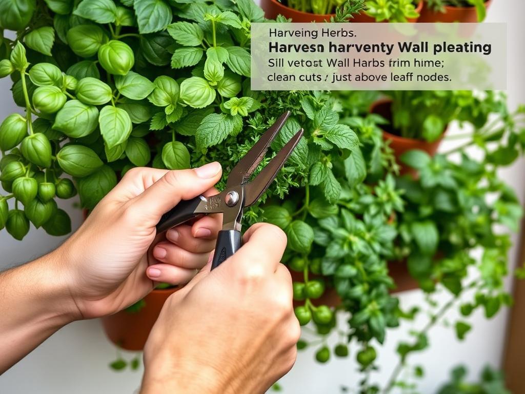 Hands pruning and harvesting herbs from a vertical wall planter Hands pruning and harvesting herbs from a vertical wall planter