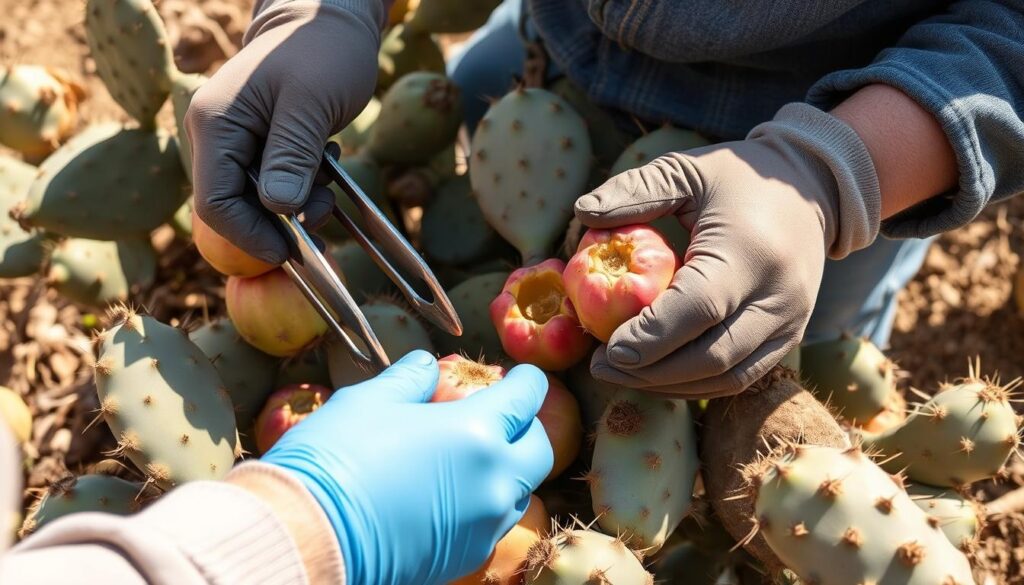 Harvesting prickly pear fruit and pads using proper techniques and tools Harvesting prickly pear fruit and pads using proper techniques and tools