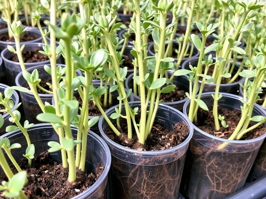 Healthy drought-adapted seedlings showing strong stems and developed root systems for low-water gardening Healthy drought-adapted seedlings showing strong stems and developed root systems for low-water gardening