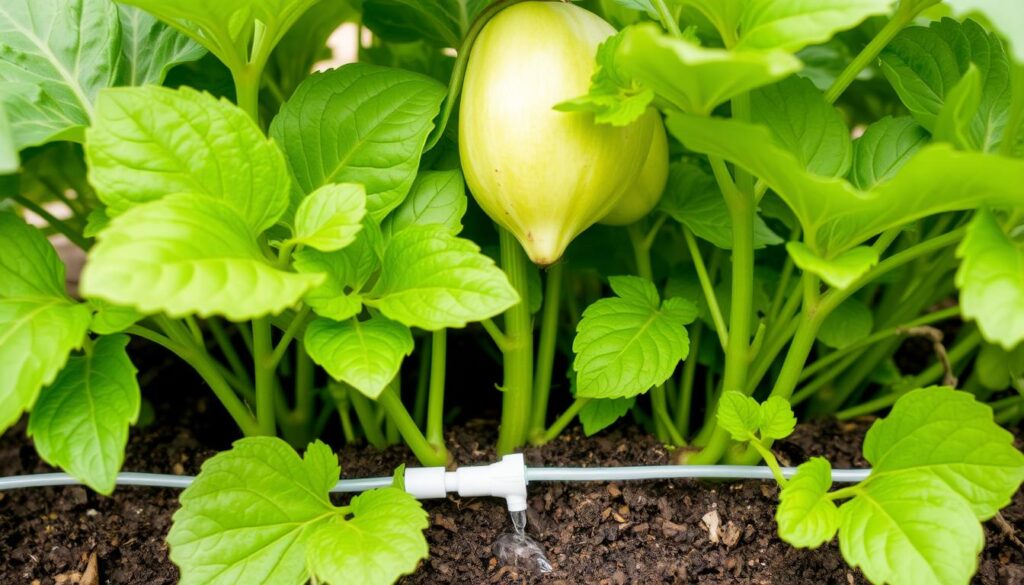 Healthy vegetable plants with drip irrigation system visible at their base Healthy vegetable plants with drip irrigation system visible at their base