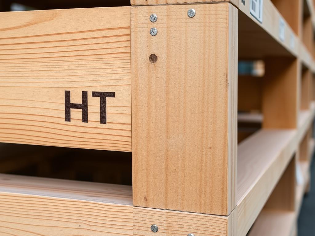 Heat-treated pallet with HT stamp visible Heat-treated pallet with HT stamp visible