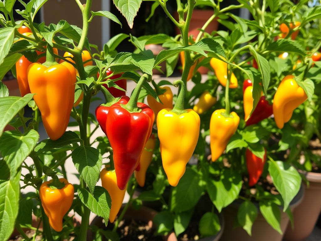 Hot peppers growing in containers on a sunny patio Hot peppers growing in containers on a sunny patio