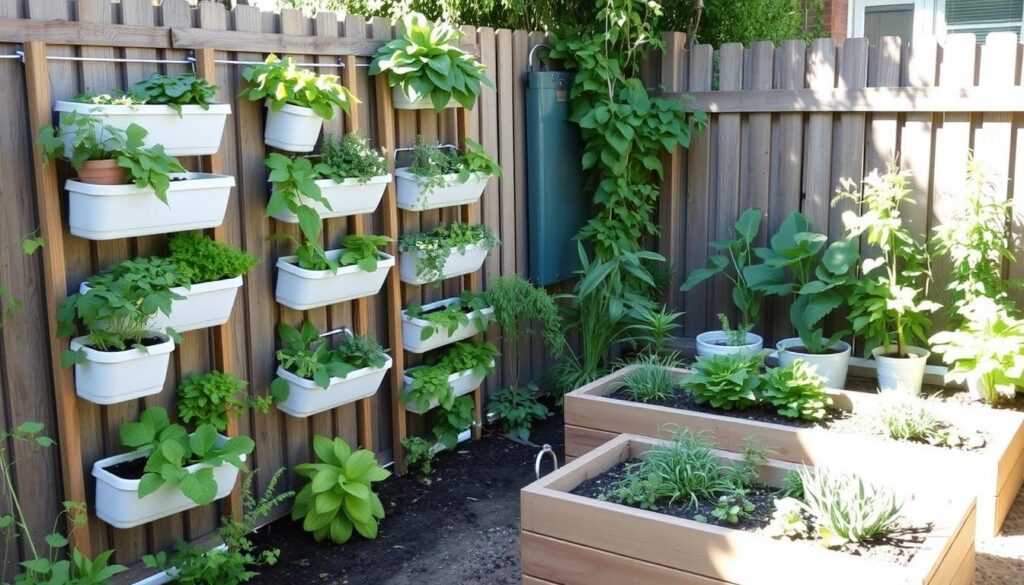 Hybrid garden setup with vertical towers alongside traditional raised beds Hybrid garden setup with vertical towers alongside traditional raised beds