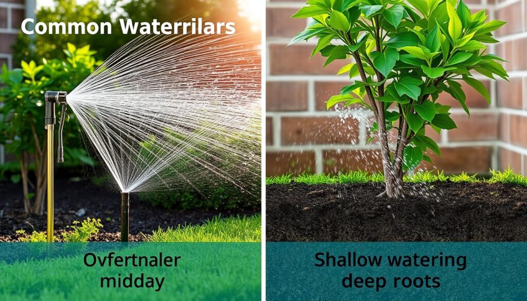 Illustration of common watering mistakes in gardening Illustration of common watering mistakes in gardening
