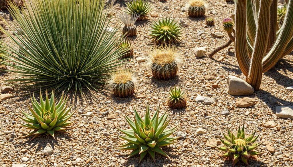 Inorganic mulch materials like gravel and landscape fabric in a desert garden setting Inorganic mulch materials like gravel and landscape fabric in a desert garden setting