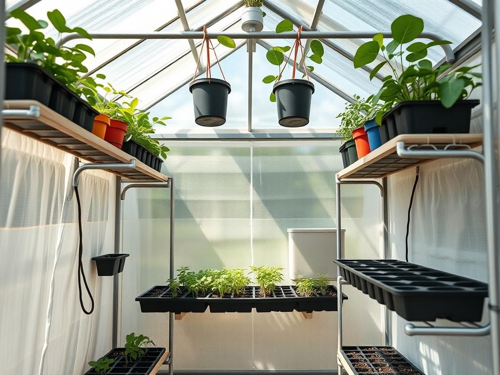 Interior view of a mini greenhouse showing vertical growing space with multiple shelves and hanging planters Interior view of a mini greenhouse showing vertical growing space with multiple shelves and hanging planters