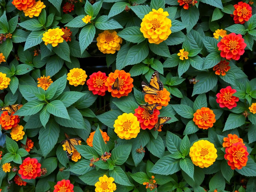 Lantana with multicolored flower clusters in a vertical garden setting Lantana with multicolored flower clusters in a vertical garden setting