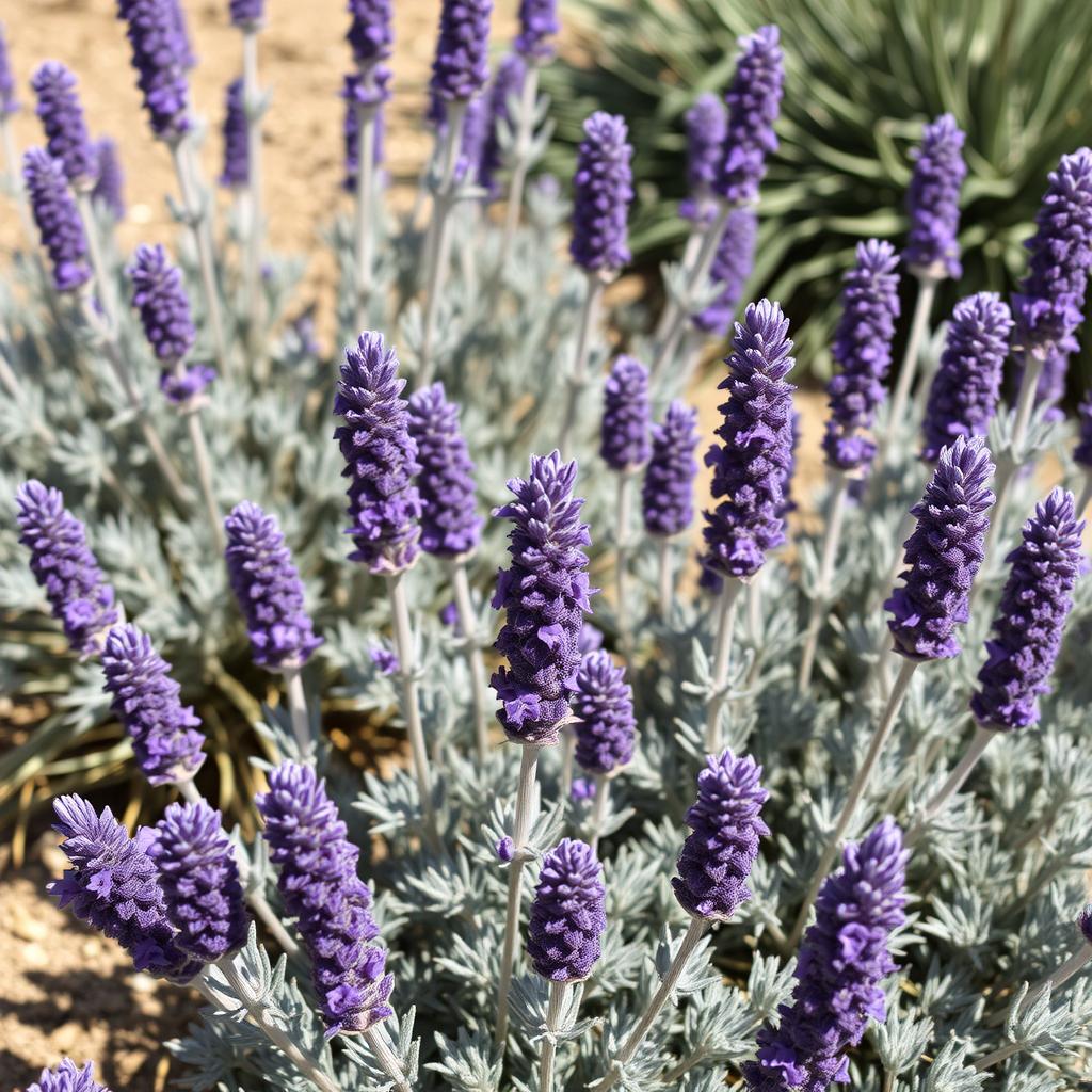 Lavender plants with purple blooms and silver foliage Lavender plants with purple blooms and silver foliage