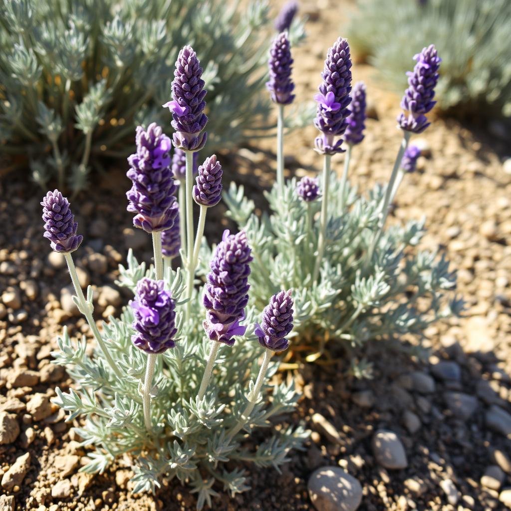 Lavender plants with purple flower spikes growing in dry, rocky soil Lavender plants with purple flower spikes growing in dry, rocky soil