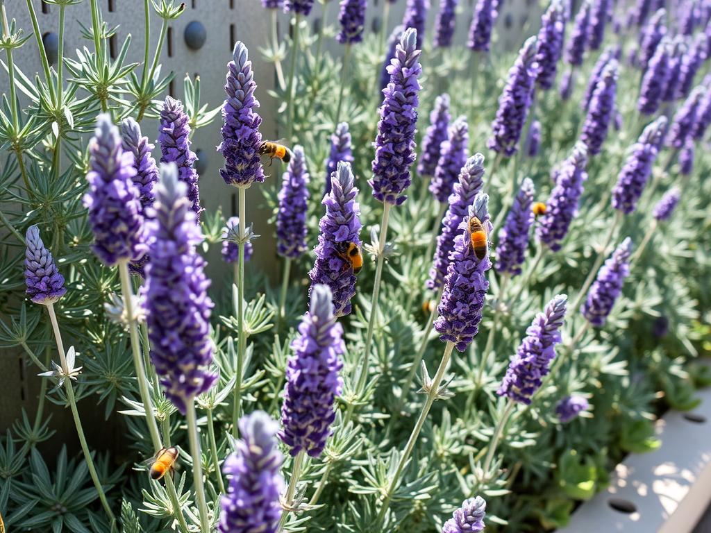 Lavender plants with purple flower spikes in a vertical garden setting Lavender plants with purple flower spikes in a vertical garden setting