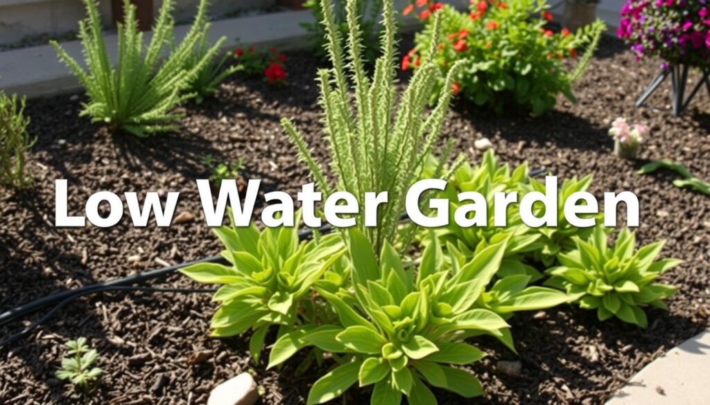 Low-water garden with established drought-resistant plants and efficient irrigation system Low-water garden with established drought-resistant plants and efficient irrigation system