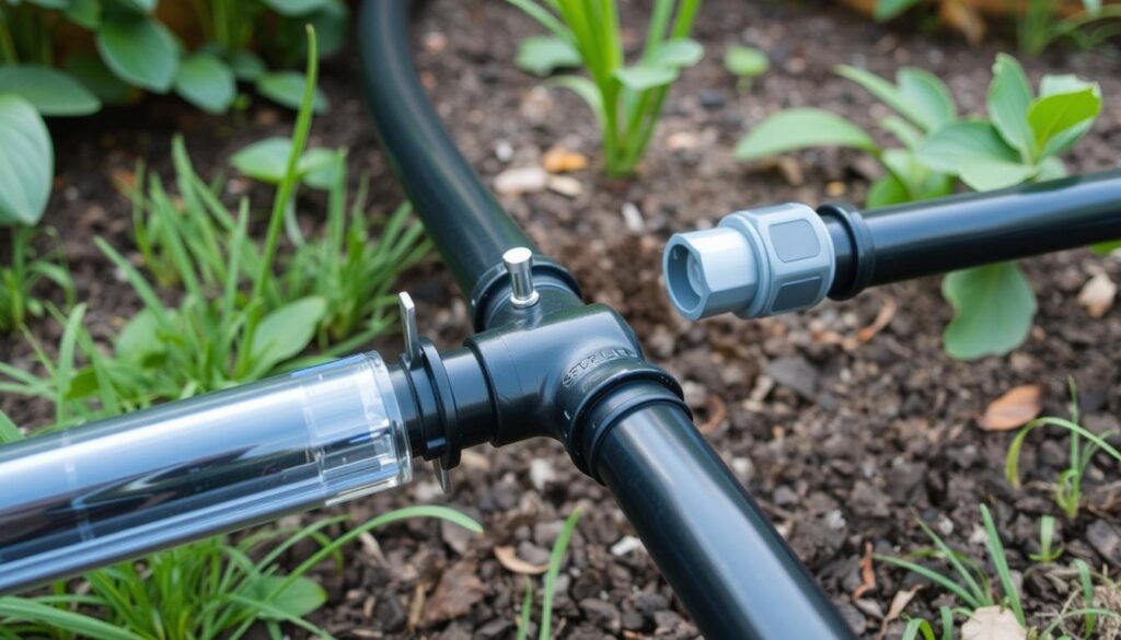 Main irrigation line installation with tee connectors for branch lines Main irrigation line installation with tee connectors for branch lines