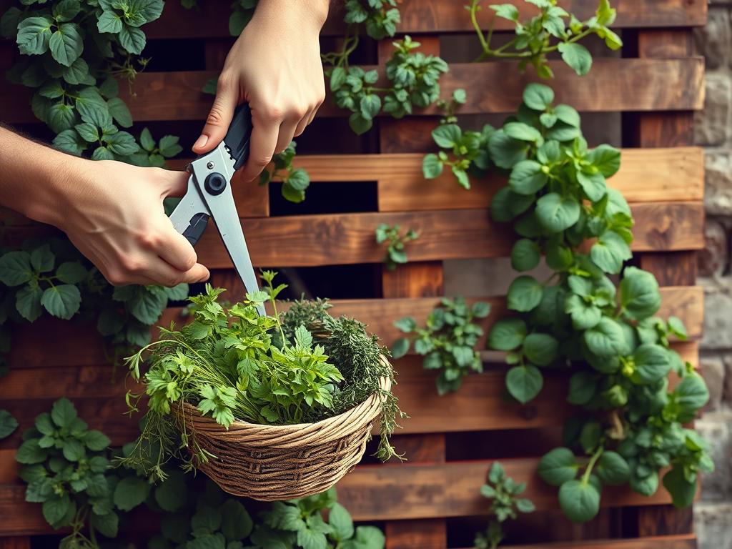 Maintaining a mature pallet vertical garden with pruning shears Maintaining a mature pallet vertical garden with pruning shears