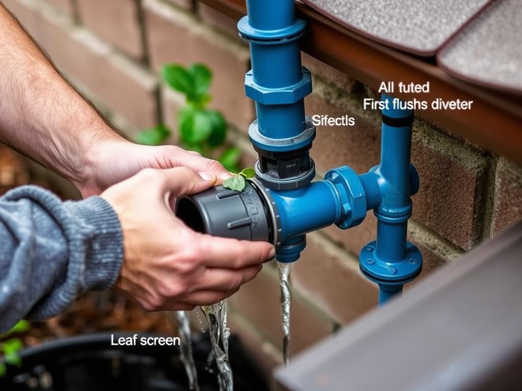 Maintenance of a rainwater harvesting system showing cleaning of filters and gutters Maintenance of a rainwater harvesting system showing cleaning of filters and gutters