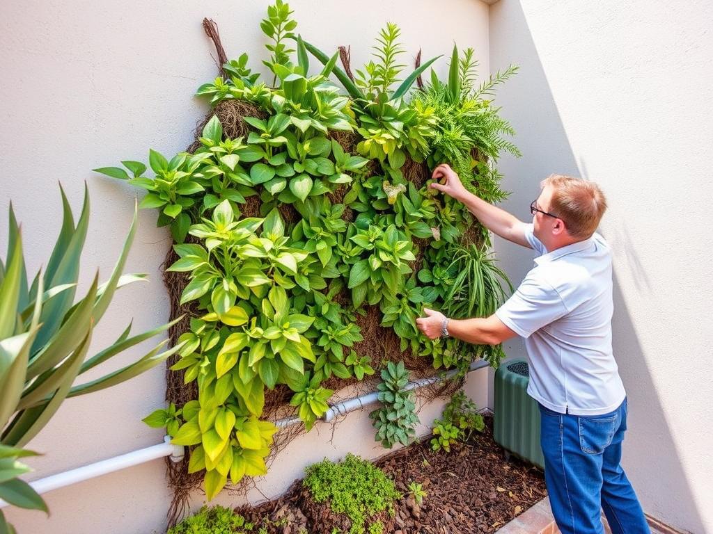 Maintenance of a vertical garden in dry climate showing pruning and irrigation check Maintenance of a vertical garden in dry climate showing pruning and irrigation check