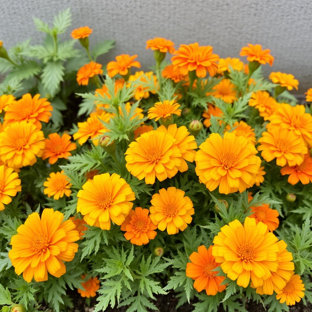 Marigold plants with bright orange and yellow flowers Marigold plants with bright orange and yellow flowers