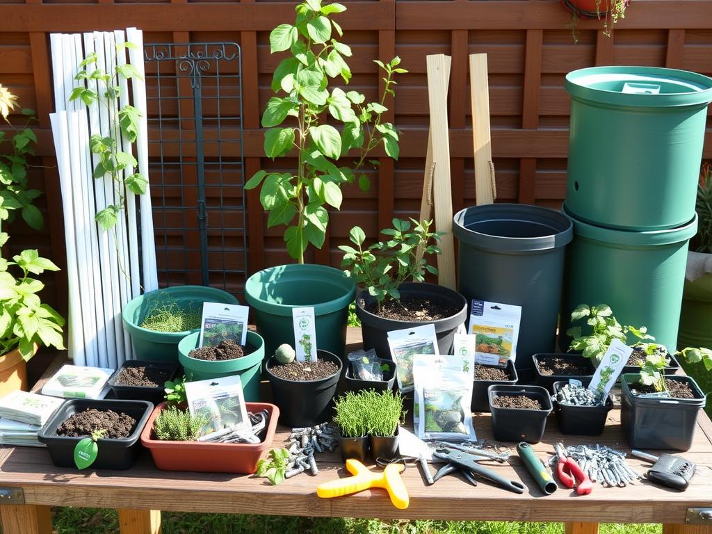 Materials and tools laid out for vertical garden setup Materials and tools laid out for vertical garden setup