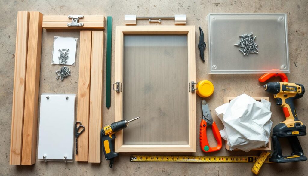 Materials laid out for building a mini greenhouse cold frame including wood, polycarbonate panels, hinges, and tools Materials laid out for building a mini greenhouse cold frame including wood, polycarbonate panels, hinges, and tools