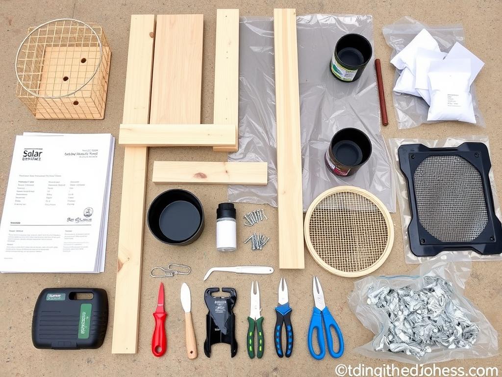 Materials laid out for building an inexpensive solar dehydrator including wood, plastic sheeting, and mesh Materials laid out for building an inexpensive solar dehydrator including wood, plastic sheeting, and mesh