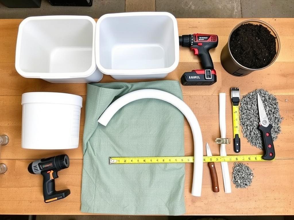 Materials needed for building a self-watering container for drought-prone areas laid out on a workbench Materials needed for building a self-watering container for drought-prone areas laid out on a workbench