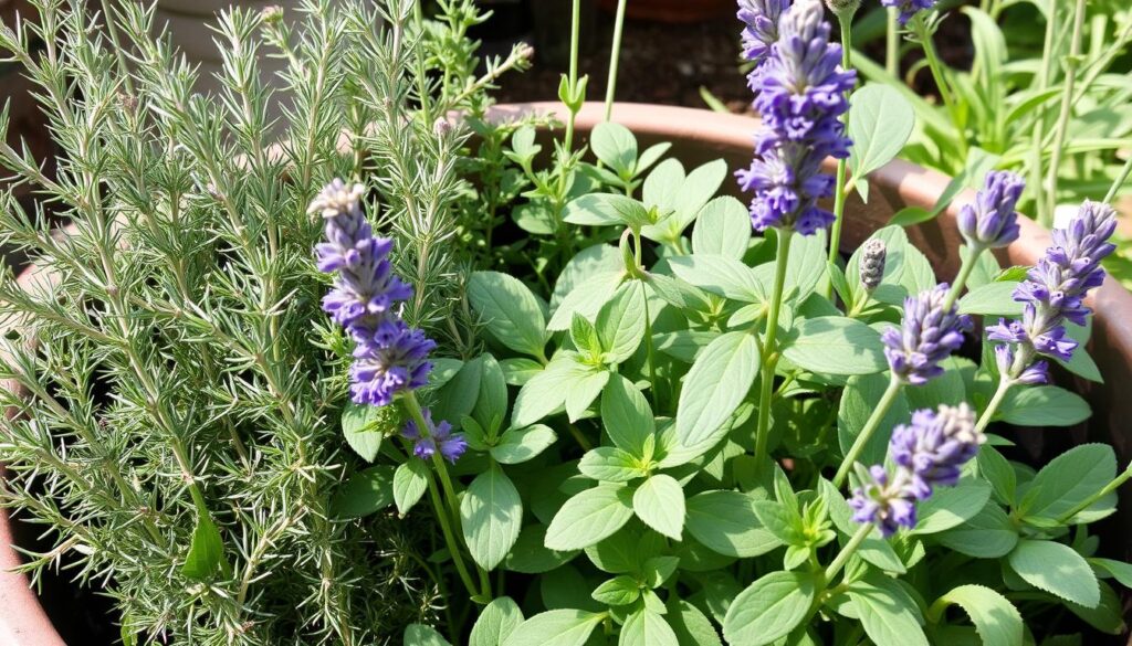 Mediterranean herbs growing in a container garden arrangement Mediterranean herbs growing in a container garden arrangement