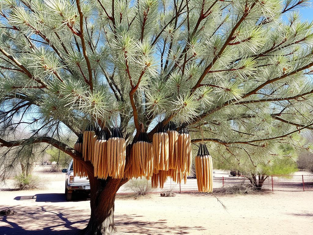 Mesquite tree with seed pods in an arid landscape, showcasing how native drought-tolerant plants contribute to food sustainability in desert regions Mesquite tree with seed pods in an arid landscape, showcasing how native drought-tolerant plants contribute to food sustainability in desert regions