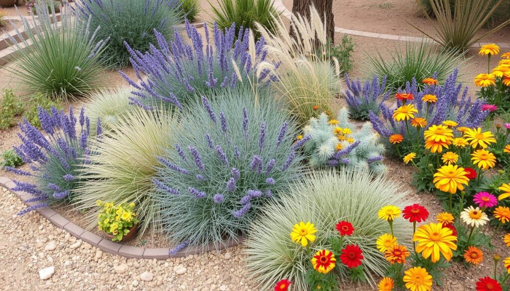 Mixed garden with drought-resistant perennials providing structure and annuals adding seasonal color Mixed garden with drought-resistant perennials providing structure and annuals adding seasonal color
