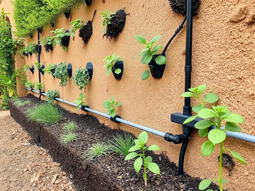 Mulched vertical garden with water-conserving techniques in a dry climate Mulched vertical garden with water-conserving techniques in a dry climate
