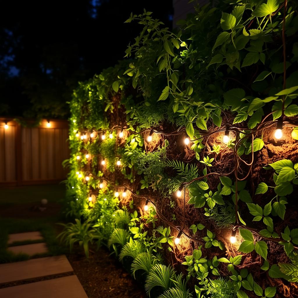 Night view of a living wall with solar lighting Night view of a living wall with solar lighting