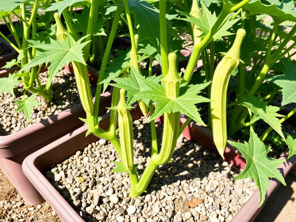 Okra growing in containers with gravel mulch Okra growing in containers with gravel mulch