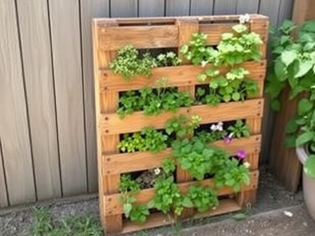 Pallet garden repurposed as a vertical growing structure for herbs and vegetables Pallet garden repurposed as a vertical growing structure for herbs and vegetables