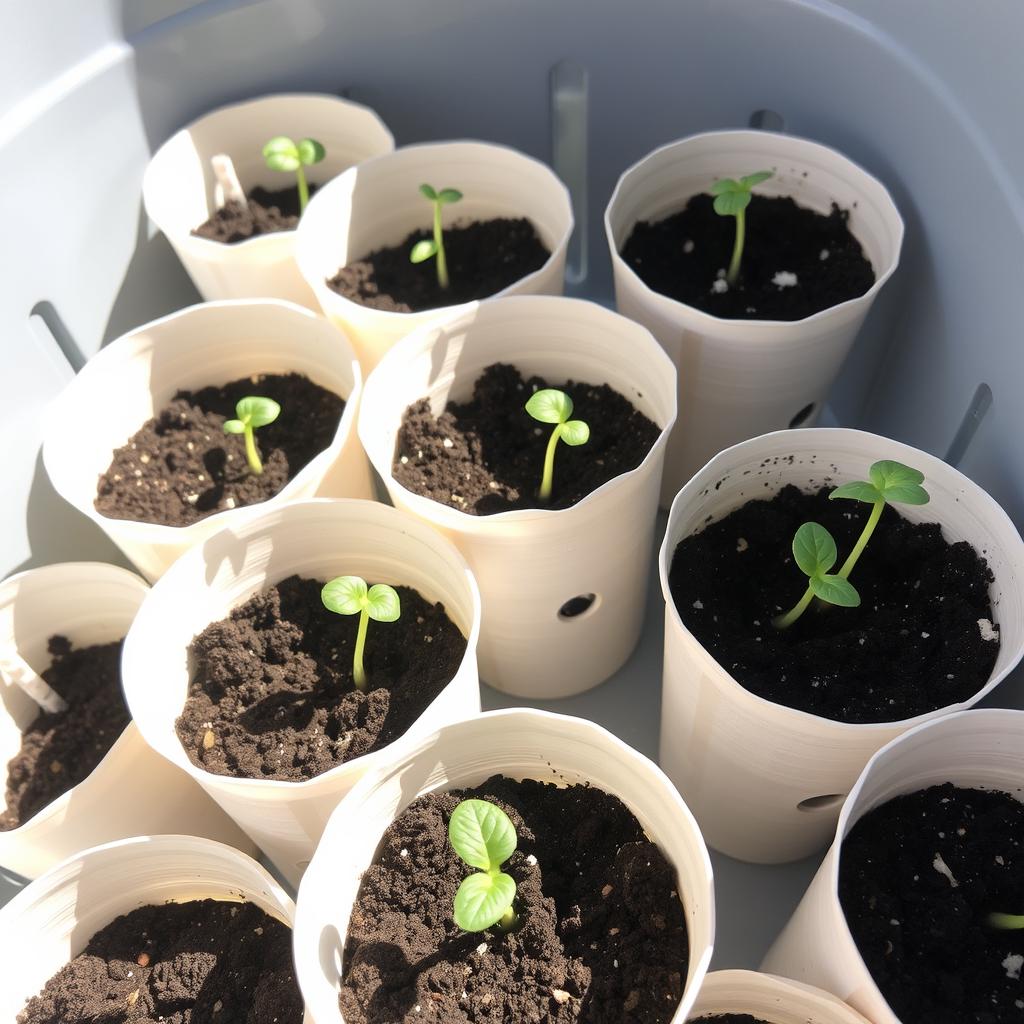 Paper cup seed starters with seedlings Paper cup seed starters with seedlings