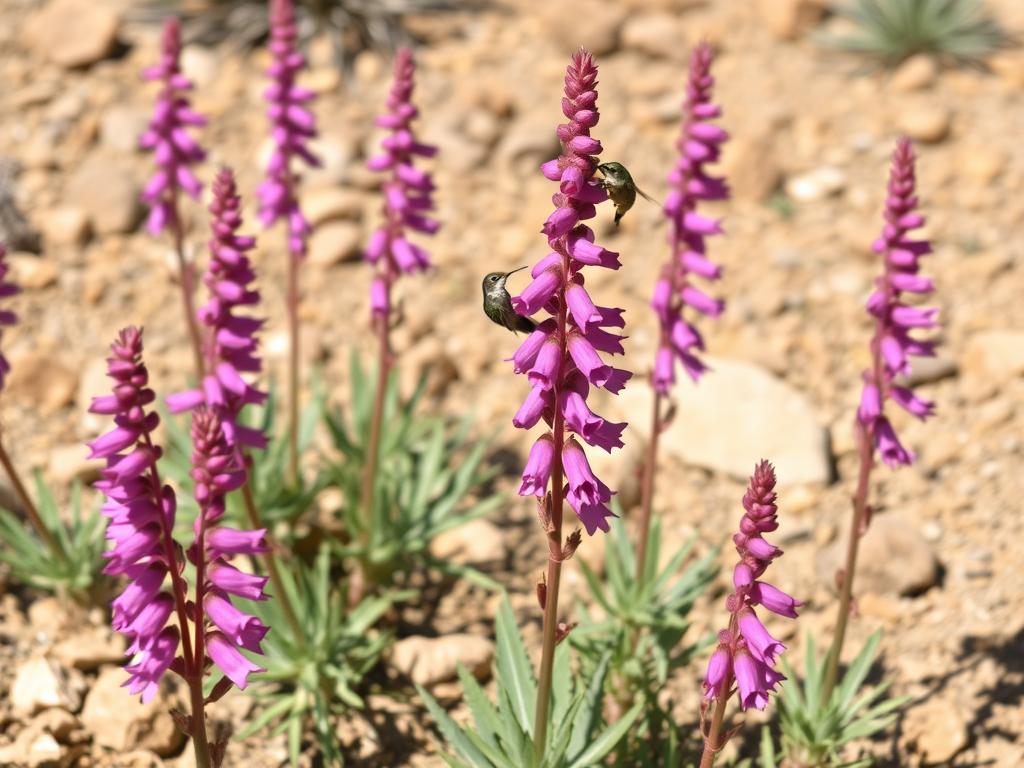 Penstemons with tubular flowers growing in rocky soil, illustrating how native drought-tolerant plants create beautiful landscapes while supporting sustainability in arid regions Penstemons with tubular flowers growing in rocky soil, illustrating how native drought-tolerant plants create beautiful landscapes while supporting sustainability in arid regions