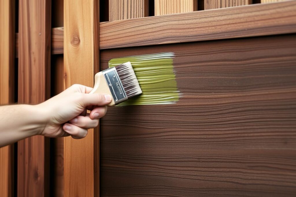 Person applying waterproof sealant to a wooden fence Person applying waterproof sealant to a wooden fence