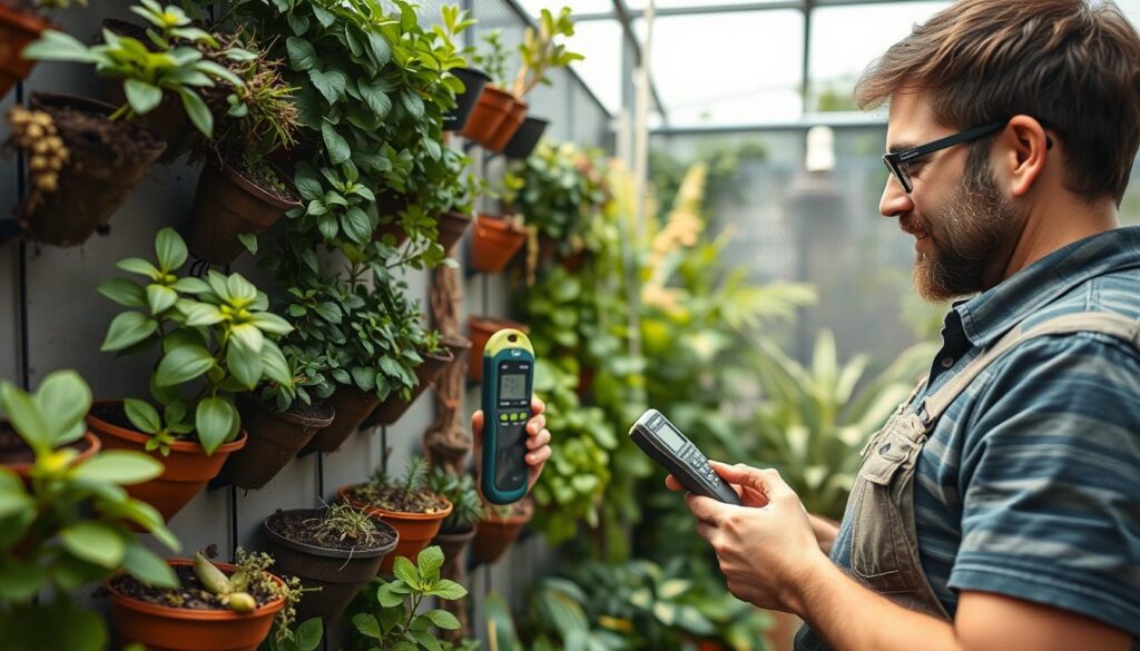 Person evaluating different zones in a vertical garden for irrigation needs Person evaluating different zones in a vertical garden for irrigation needs