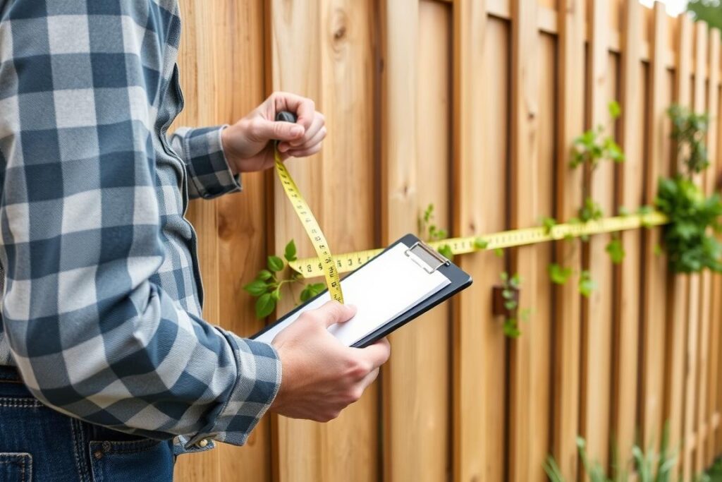 Person examining a wooden fence for living wall suitability Person examining a wooden fence for living wall suitability