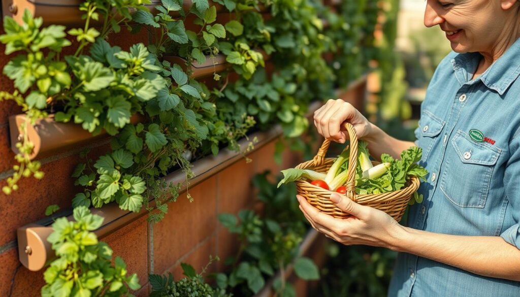 Person harvesting fresh herbs and vegetables from a thriving vertical gutter garden Person harvesting fresh herbs and vegetables from a thriving vertical gutter garden