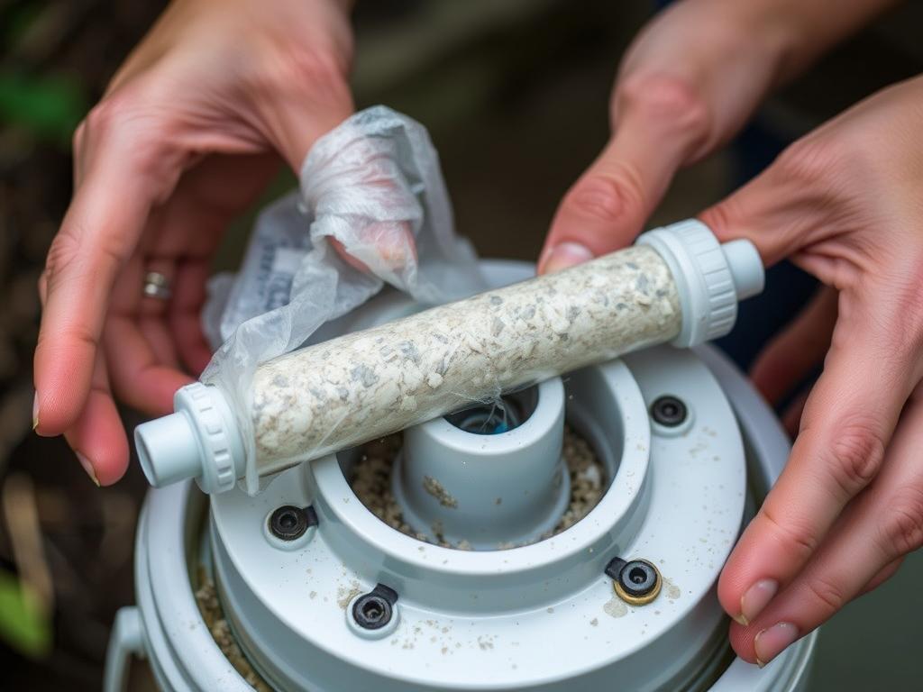 Person maintaining a greywater filter system Person maintaining a greywater filter system