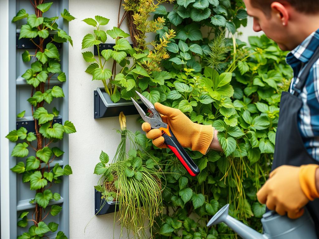 Person maintaining a vertical garden by pruning and checking irrigation Person maintaining a vertical garden by pruning and checking irrigation
