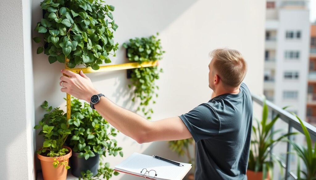Person measuring and assessing a space for installing a vertical garden structure Person measuring and assessing a space for installing a vertical garden structure