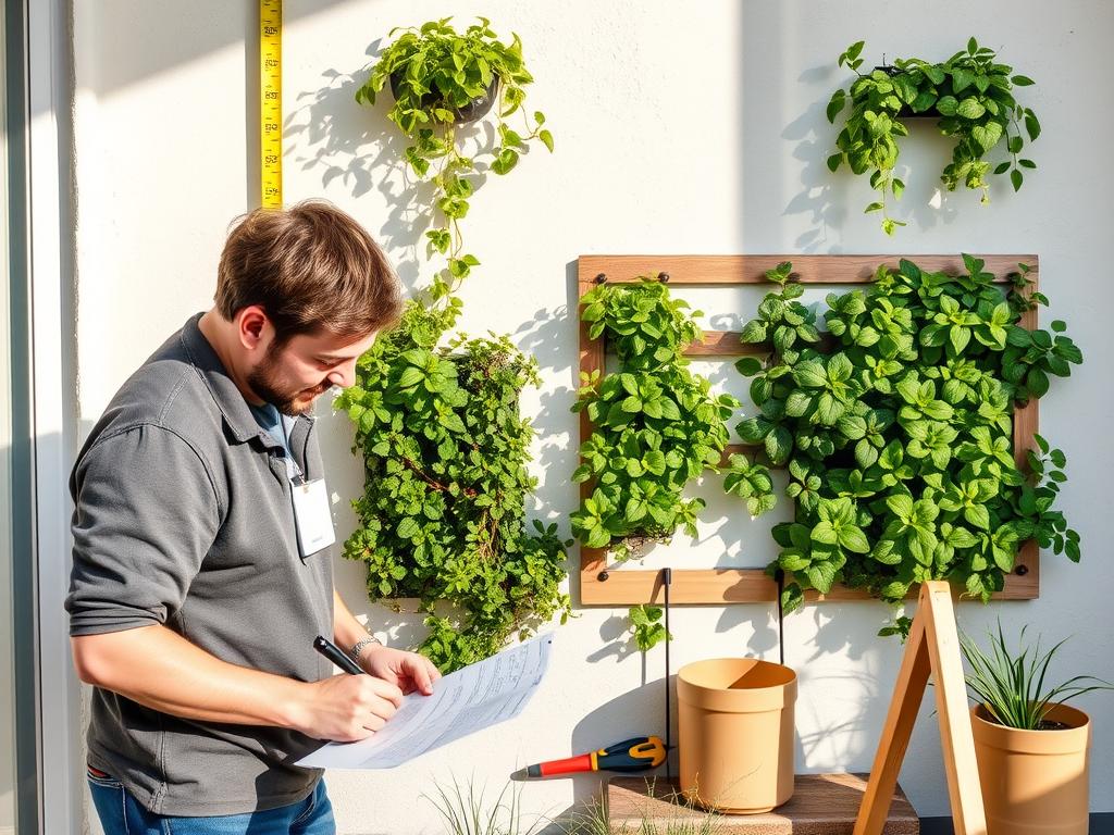 Person measuring and assessing a wall space for vertical garden installation Person measuring and assessing a wall space for vertical garden installation