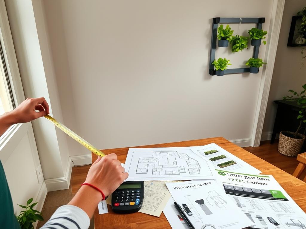 Person measuring and planning space for an indoor vertical garden with LED lighting and hydroponics Person measuring and planning space for an indoor vertical garden with LED lighting and hydroponics