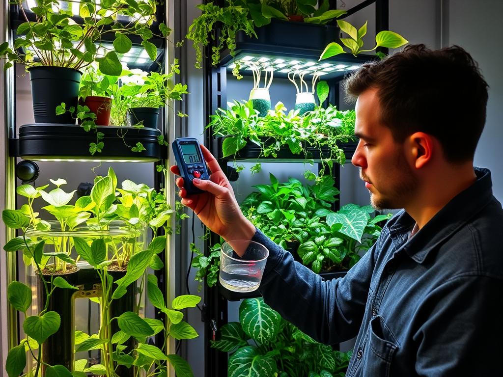 Person performing maintenance on an indoor vertical garden with LED lighting and hydroponics Person performing maintenance on an indoor vertical garden with LED lighting and hydroponics
