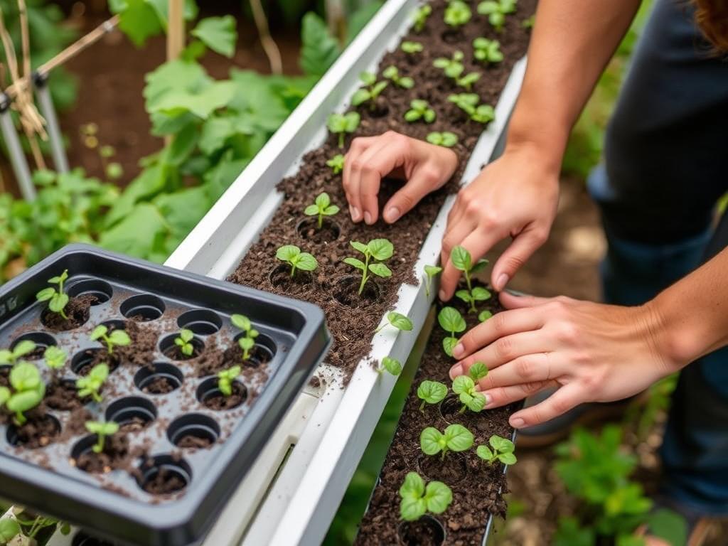 Person planting seedlings in a gutter garden Person planting seedlings in a gutter garden