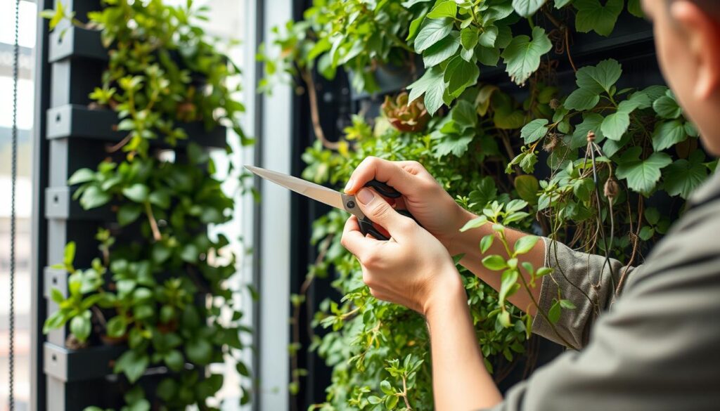 Person pruning and maintaining plants in a vertical garden system Person pruning and maintaining plants in a vertical garden system